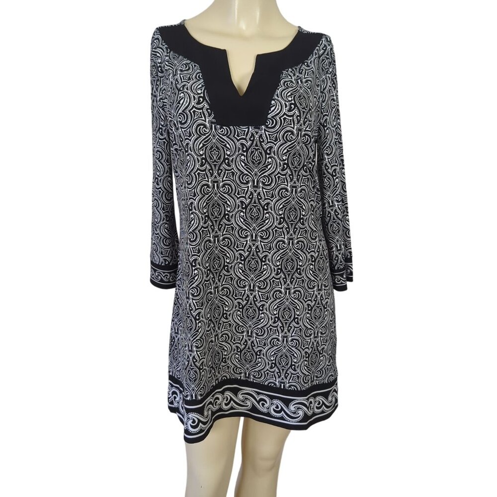 White House Black Market white black mini shift abstract dress size‎ M